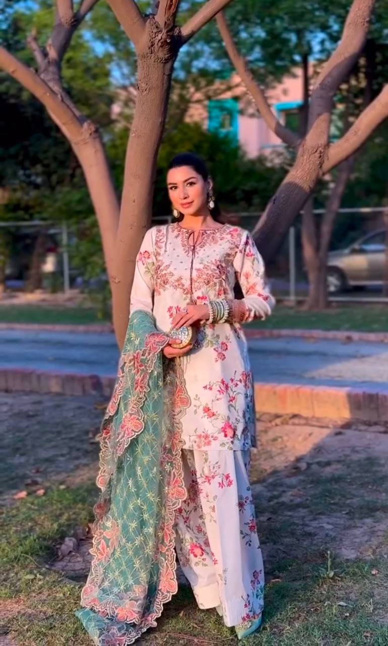 White Premium Modal Silk Embroidered Set Farshi Plazzo, Fancy Top & Net Dupatta Fully Stitched