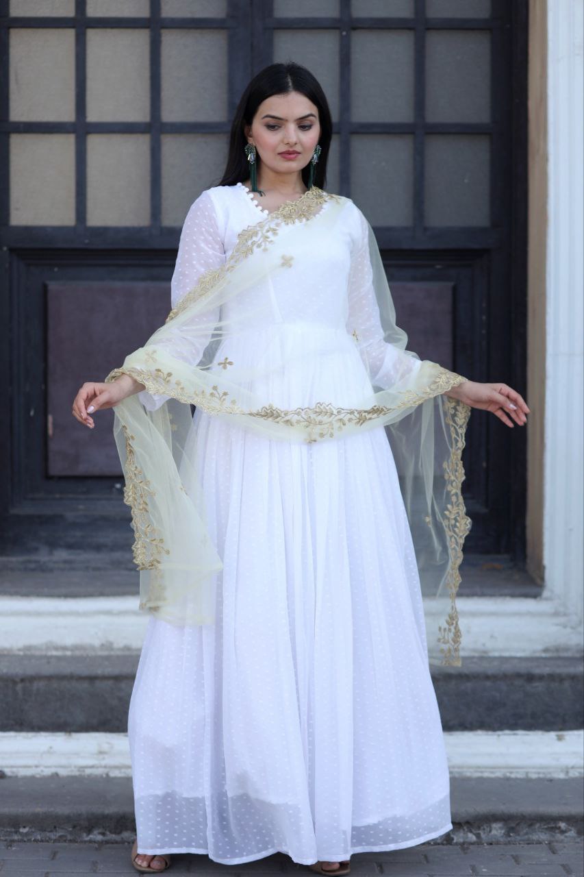 White Thousand Butti Faux Georgette Gown with Embroidered Butterfly Net Dupatta