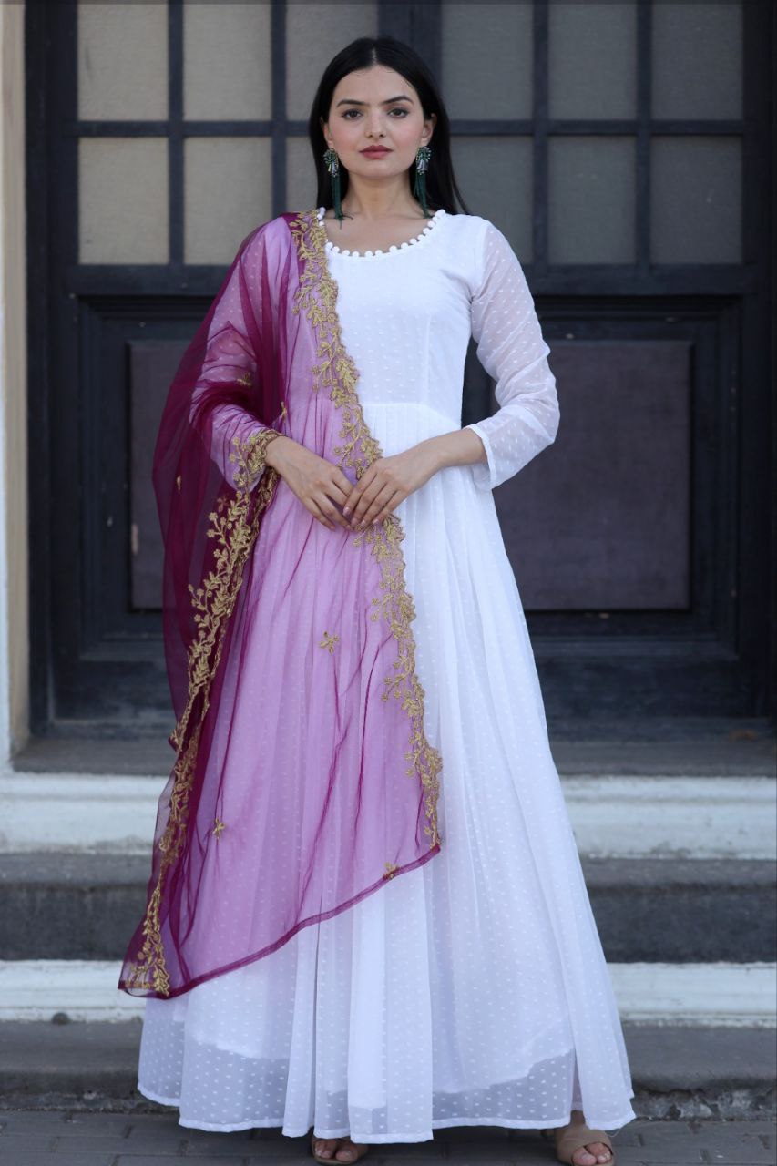 White Thousand Butti Faux Georgette Gown with Embroidered Butterfly Net Dupatta