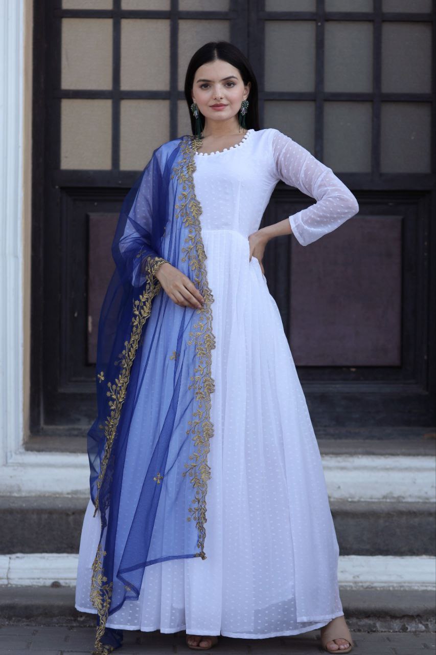 White Thousand Butti Faux Georgette Gown with Embroidered Butterfly Net Dupatta