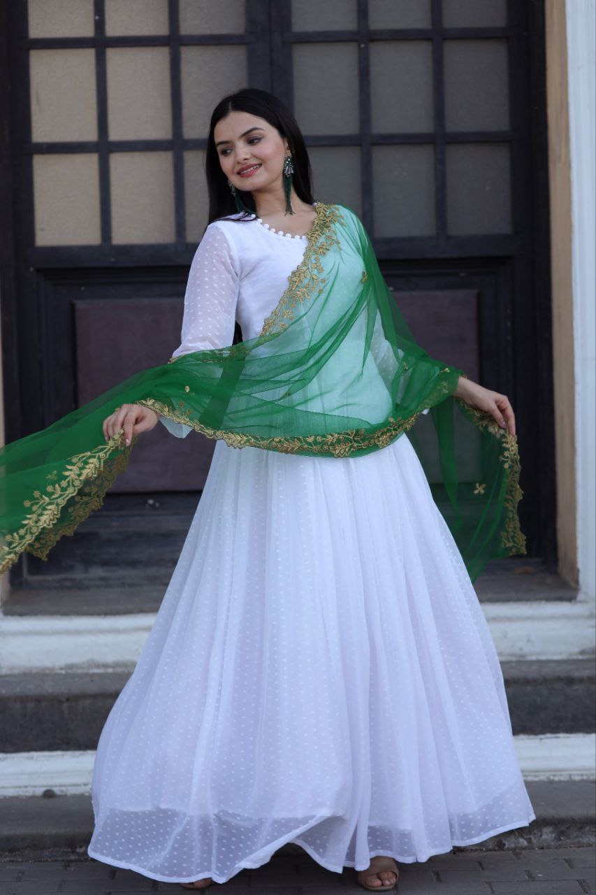 White Thousand Butti Faux Georgette Gown with Embroidered Butterfly Net Dupatta