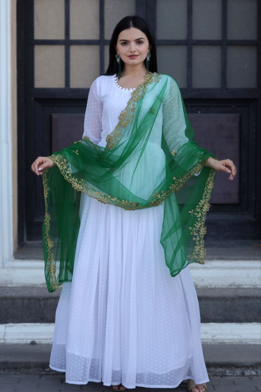 White Thousand Butti Faux Georgette Gown with Embroidered Butterfly Net Dupatta