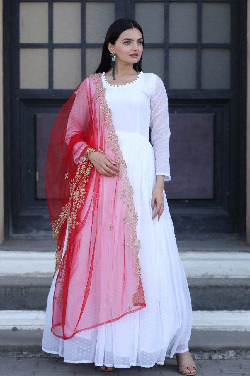 White Thousand Butti Faux Georgette Gown with Embroidered Butterfly Net Dupatta