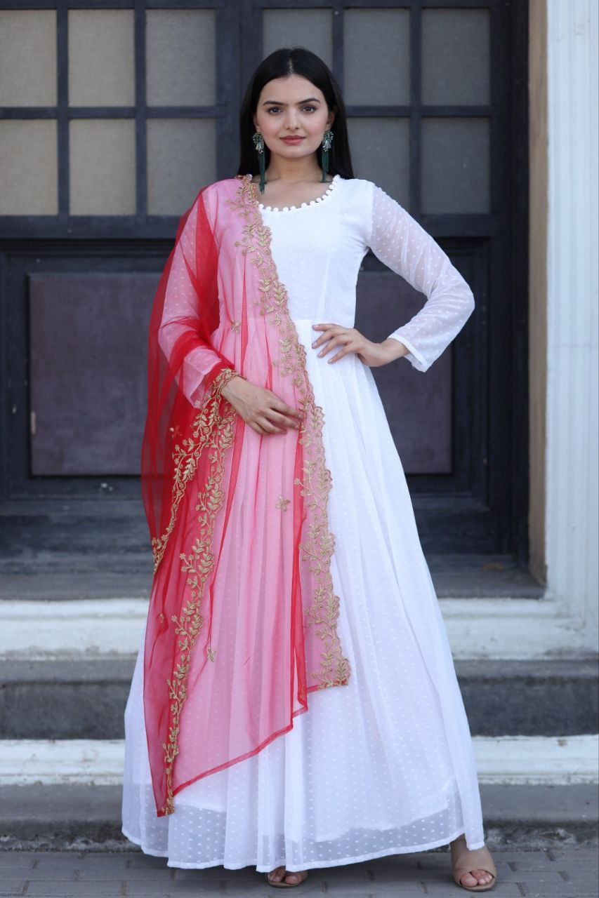 White Thousand Butti Faux Georgette Gown with Embroidered Butterfly Net Dupatta