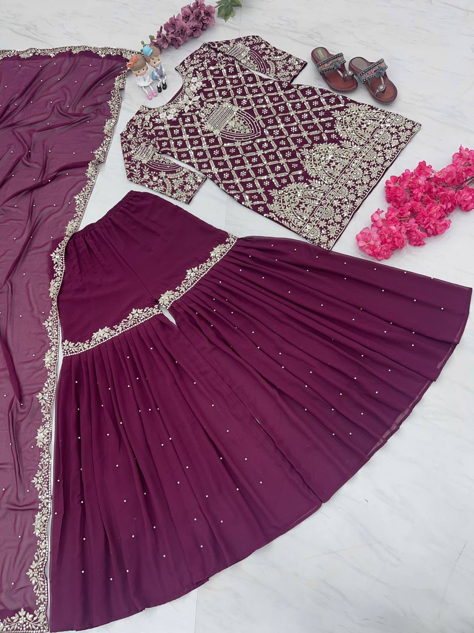 Wine Designer Party Wear Top, Palazzo & Dupatta Set – Elegant Embroidered Look