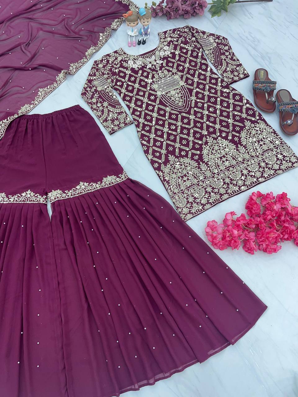 Wine Designer Party Wear Top, Palazzo & Dupatta Set – Elegant Embroidered Look