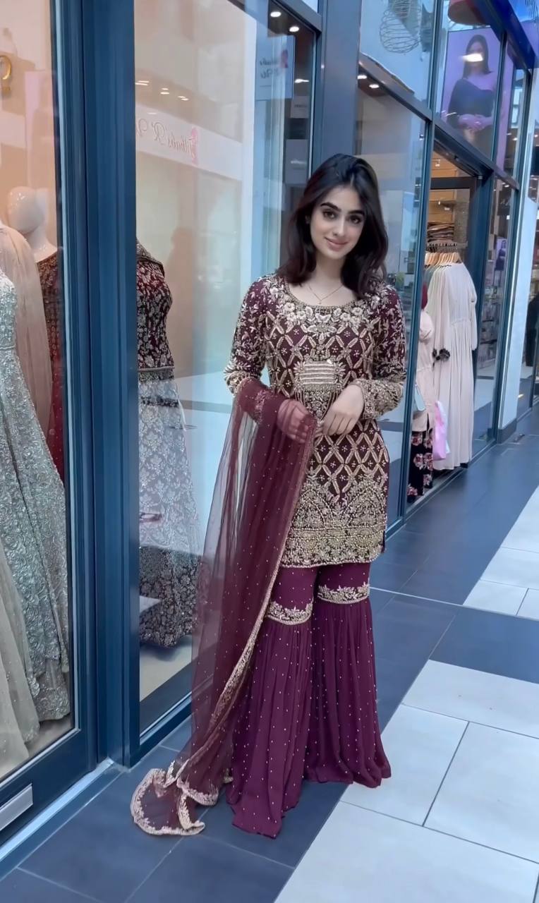 Wine Designer Party Wear Top, Palazzo & Dupatta Set – Elegant Embroidered Look