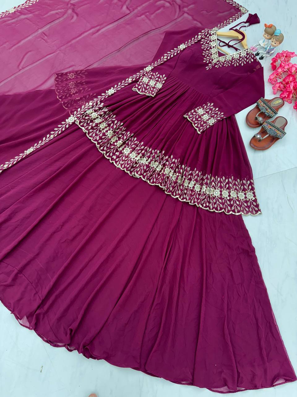 Wine Designer Party Wear Top with Lehenga & Dupatta Set - Sequin Embroidery and Tassel Accents