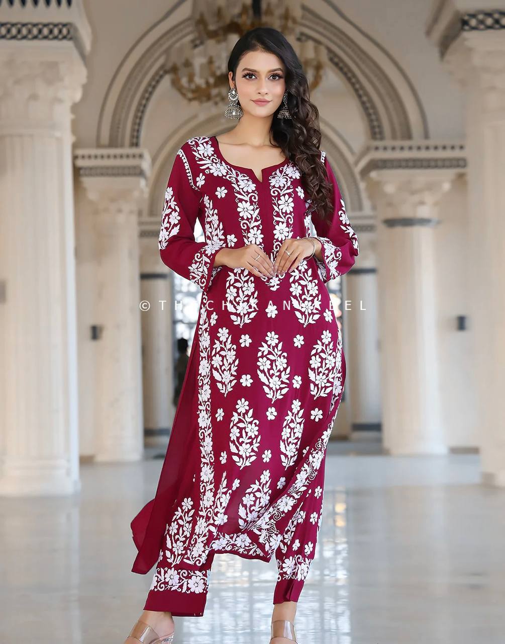 Wine Elegant Chikankari Designer Kurta & Bottom Set – Perfect Ethnic Look