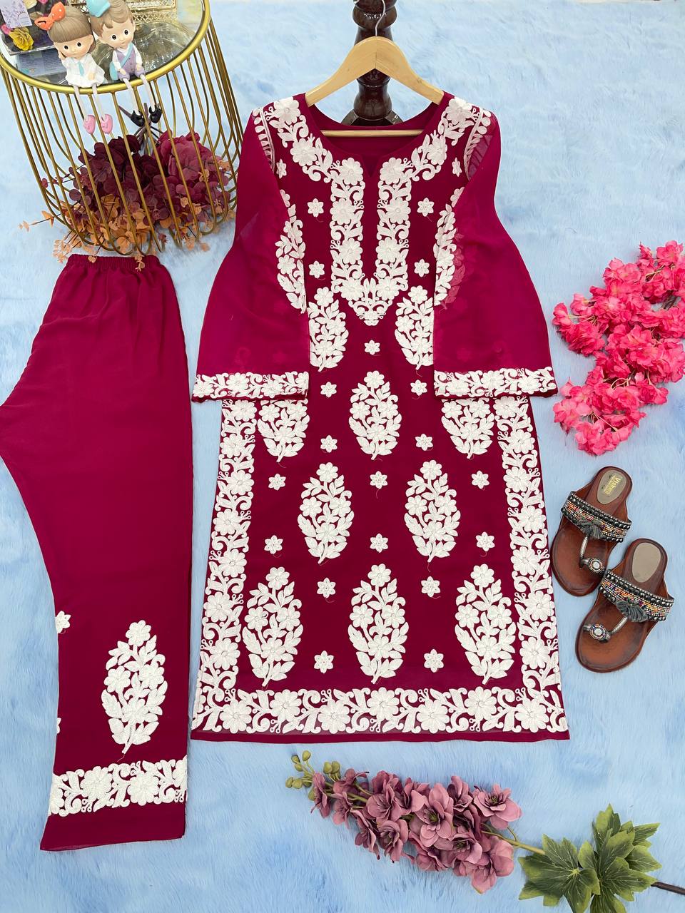 Wine Elegant Chikankari Designer Kurta & Bottom Set – Perfect Ethnic Look