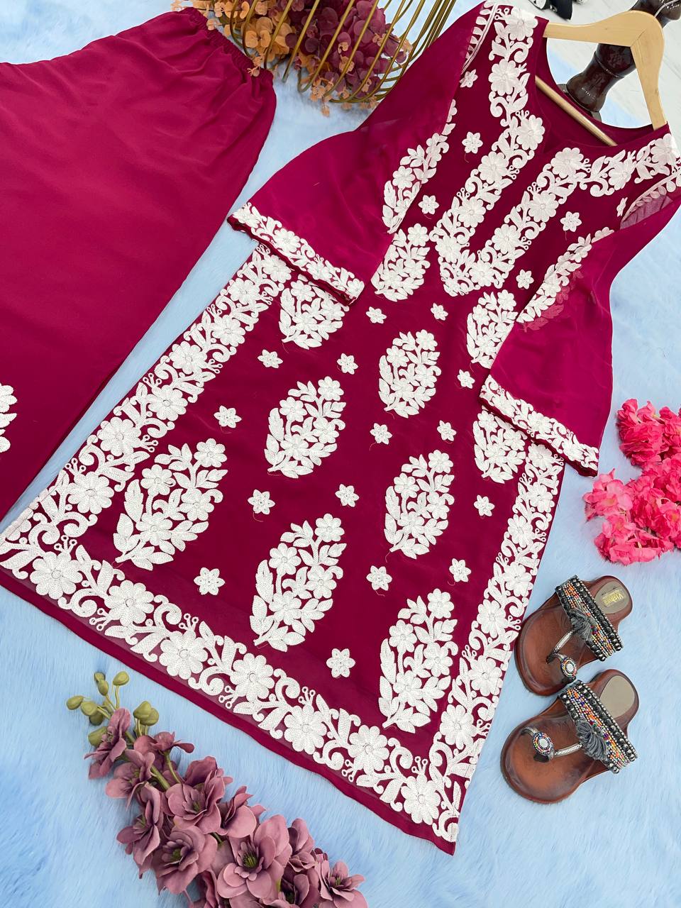 Wine Elegant Chikankari Designer Kurta & Bottom Set – Perfect Ethnic Look