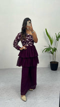 Wine Elegant Embroidered Georgette Top & Palazzo Set – Chic & Classy!