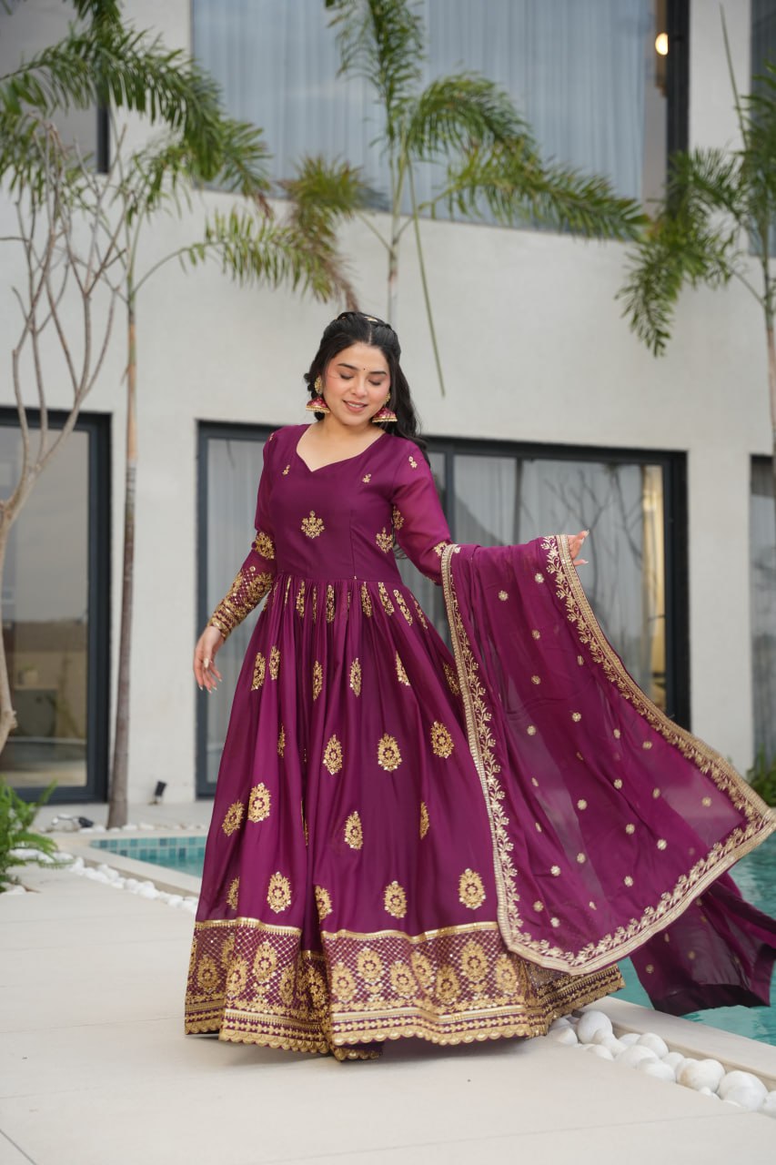Wine Elegant Embroidered Star Georgette Gown with Dupatta – Full Sleeve, Pan Neck, Zari & Sequin Work