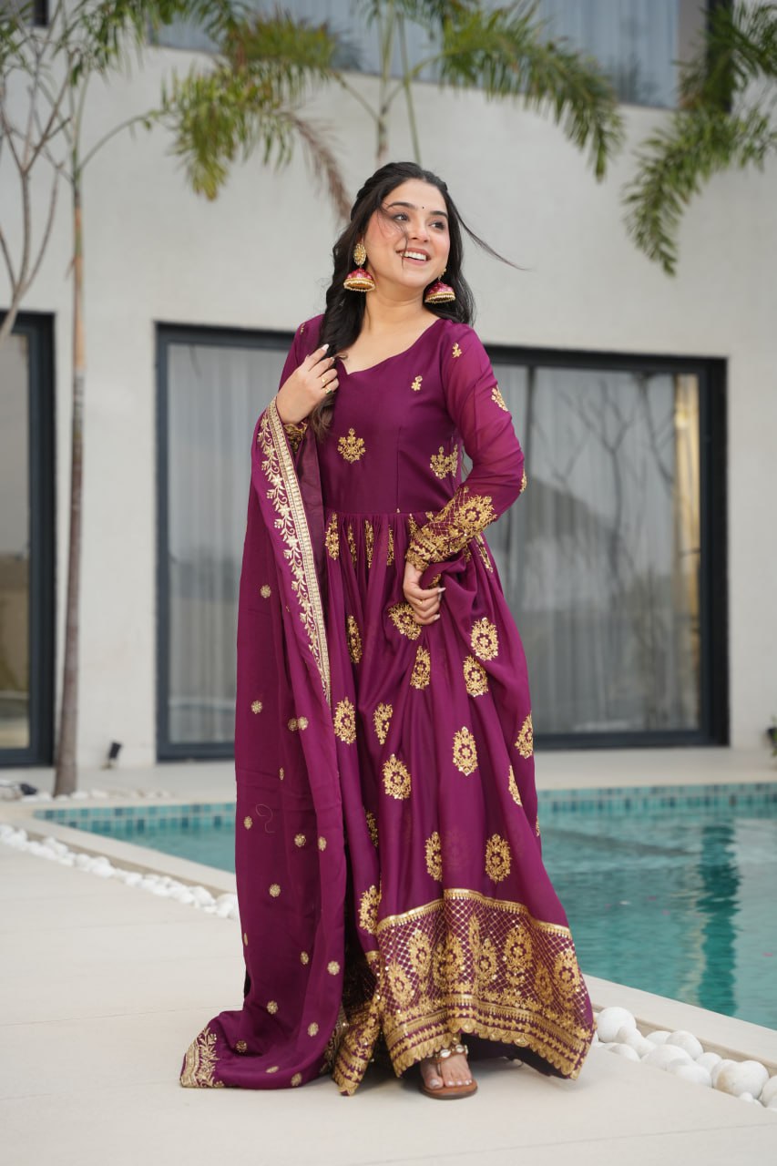 Wine Elegant Embroidered Star Georgette Gown with Dupatta – Full Sleeve, Pan Neck, Zari & Sequin Work