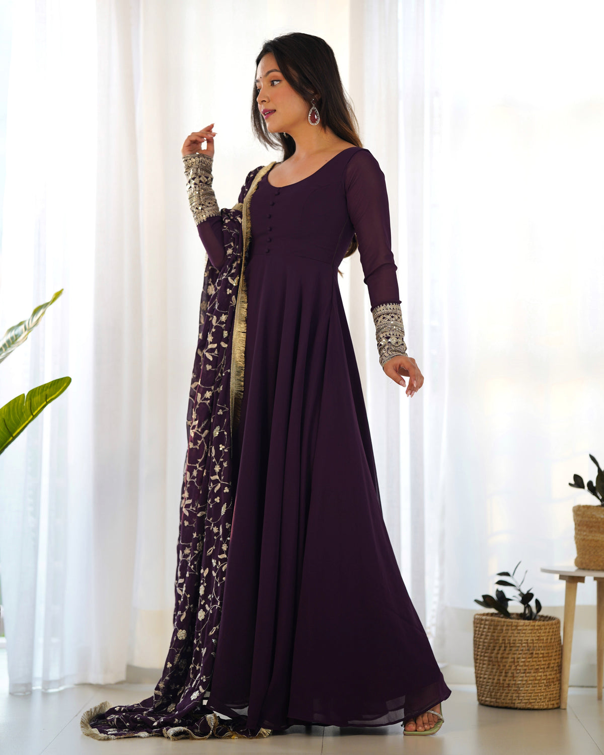 Wine Elegant Georgette Anarkali Gown Set – Festive & Wedding Ready