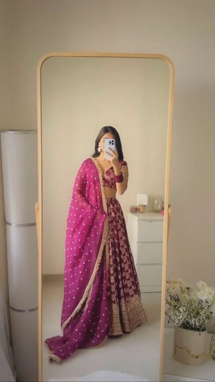 Wine Elegant Jequard Thread & Sequin Work Lehenga Set with Dupatta