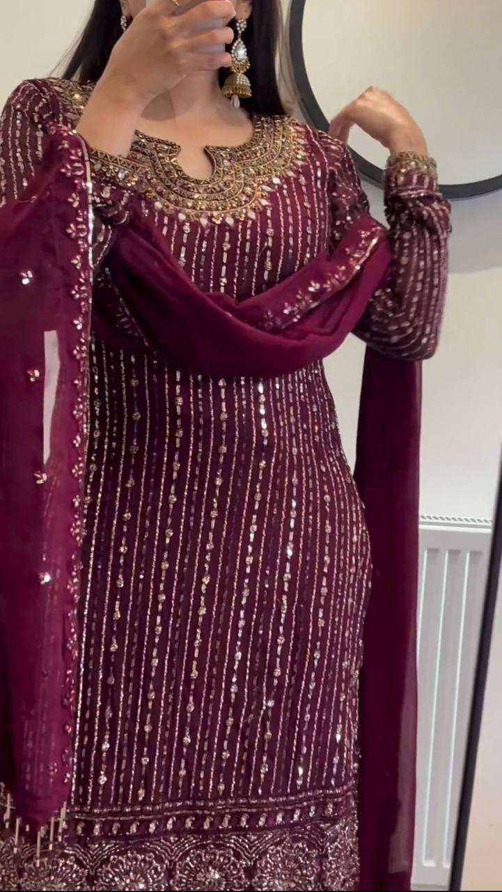Wine Elegant Mirror Work Co-Ord Set
