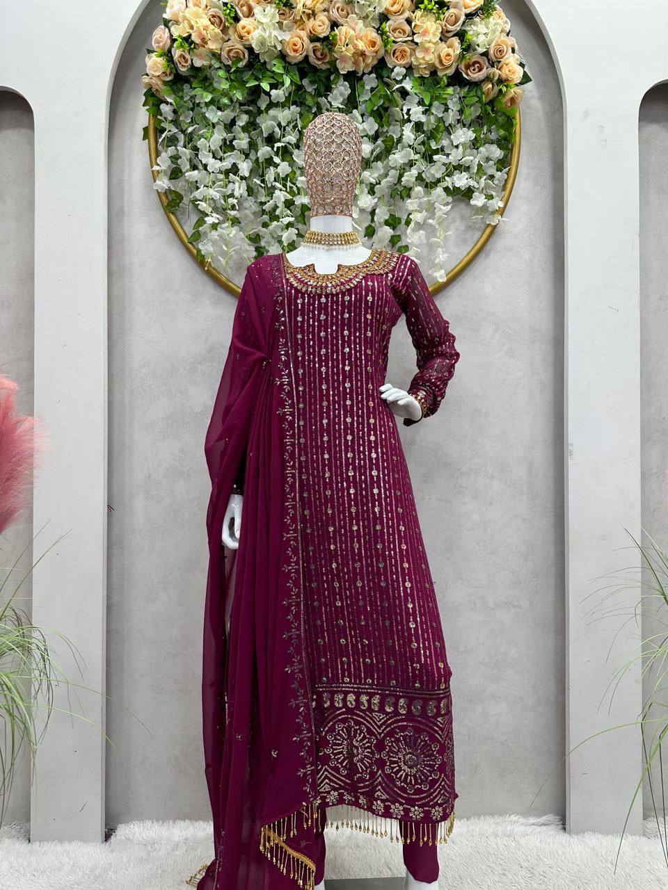 Wine Elegant Mirror Work Co-Ord Set