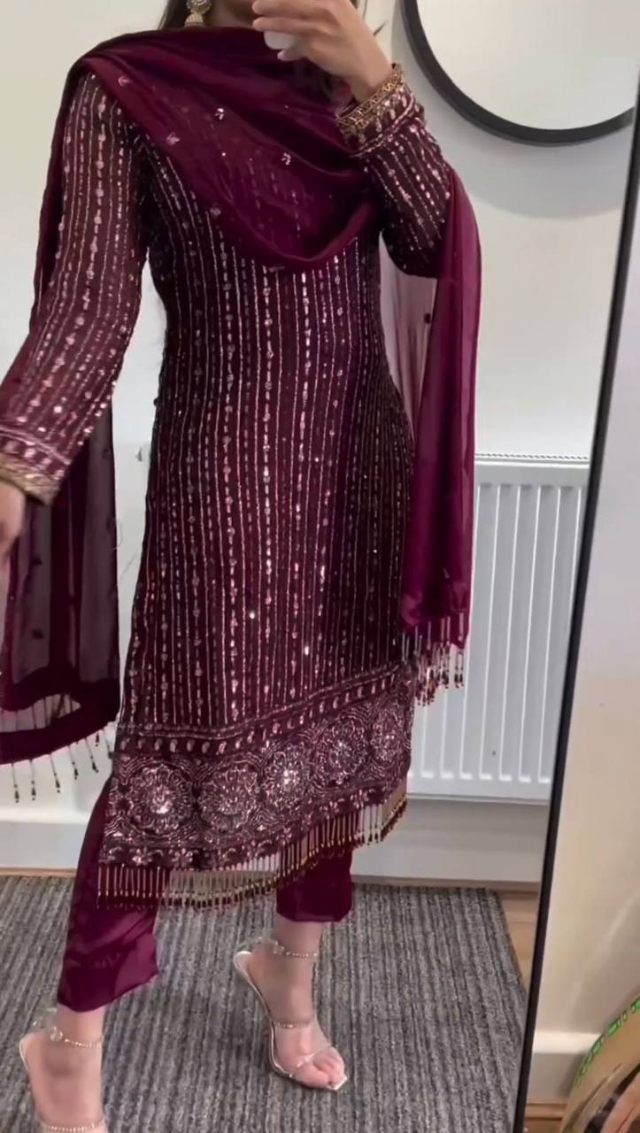 Wine Elegant Mirror Work Co-Ord Set