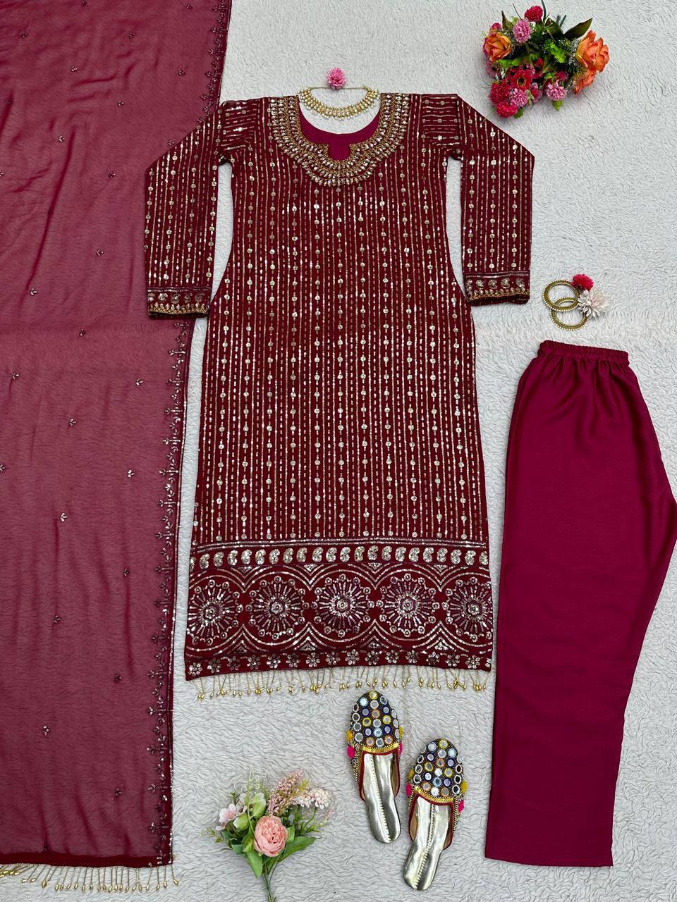 Wine Elegant Mirror Work Co-Ord Set