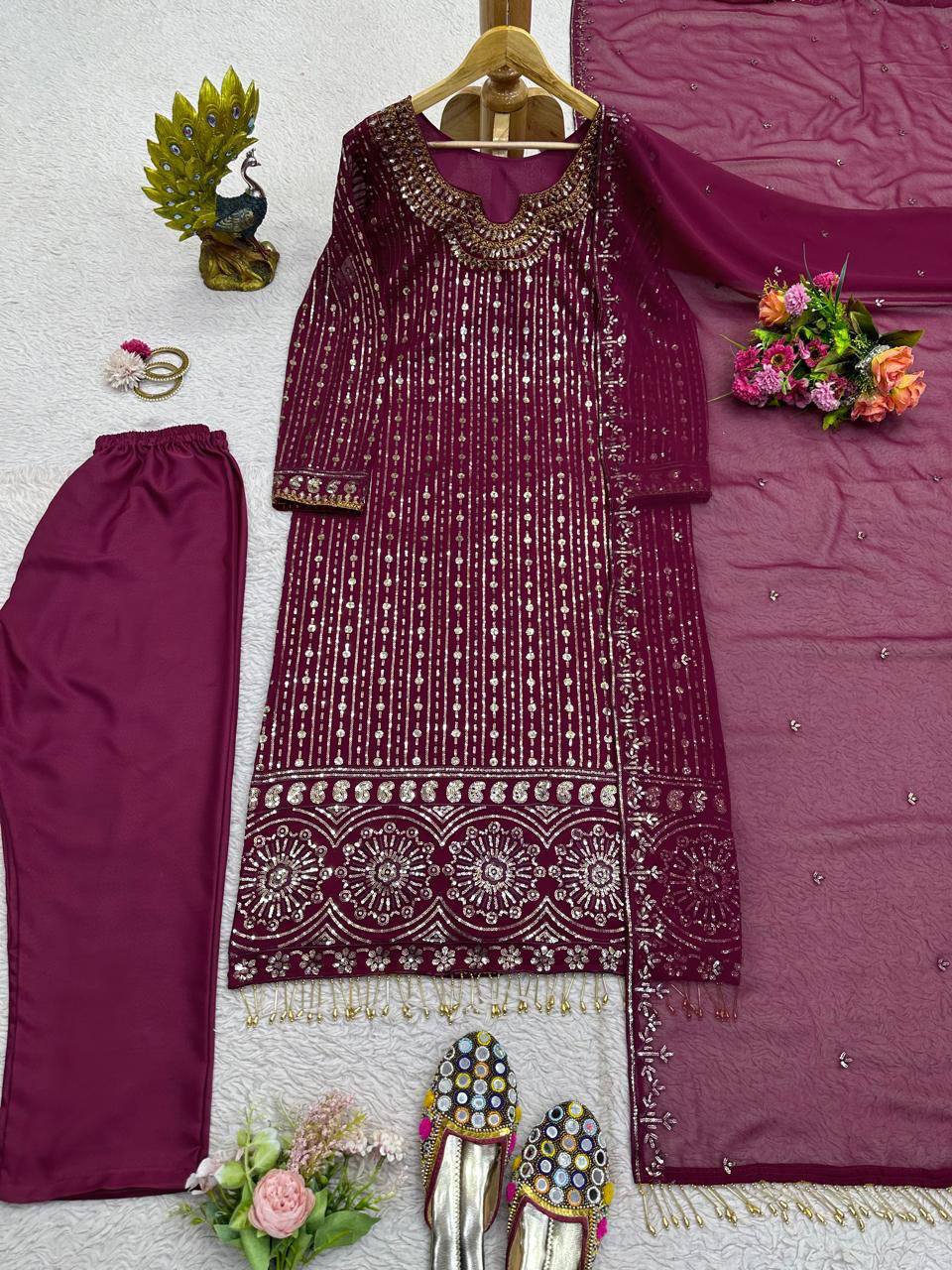 Wine Elegant Mirror Work Co-Ord Set