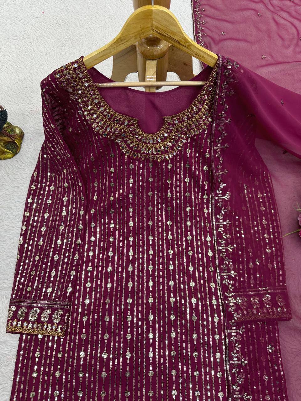 Wine Elegant Mirror Work Co-Ord Set