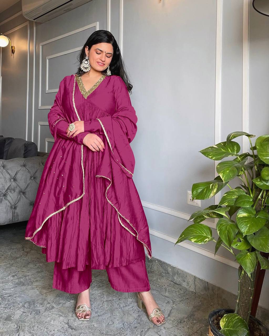Wine Elegant Party Wear Alia Cut Anarkali Gown Set with Dupatta & Bottom