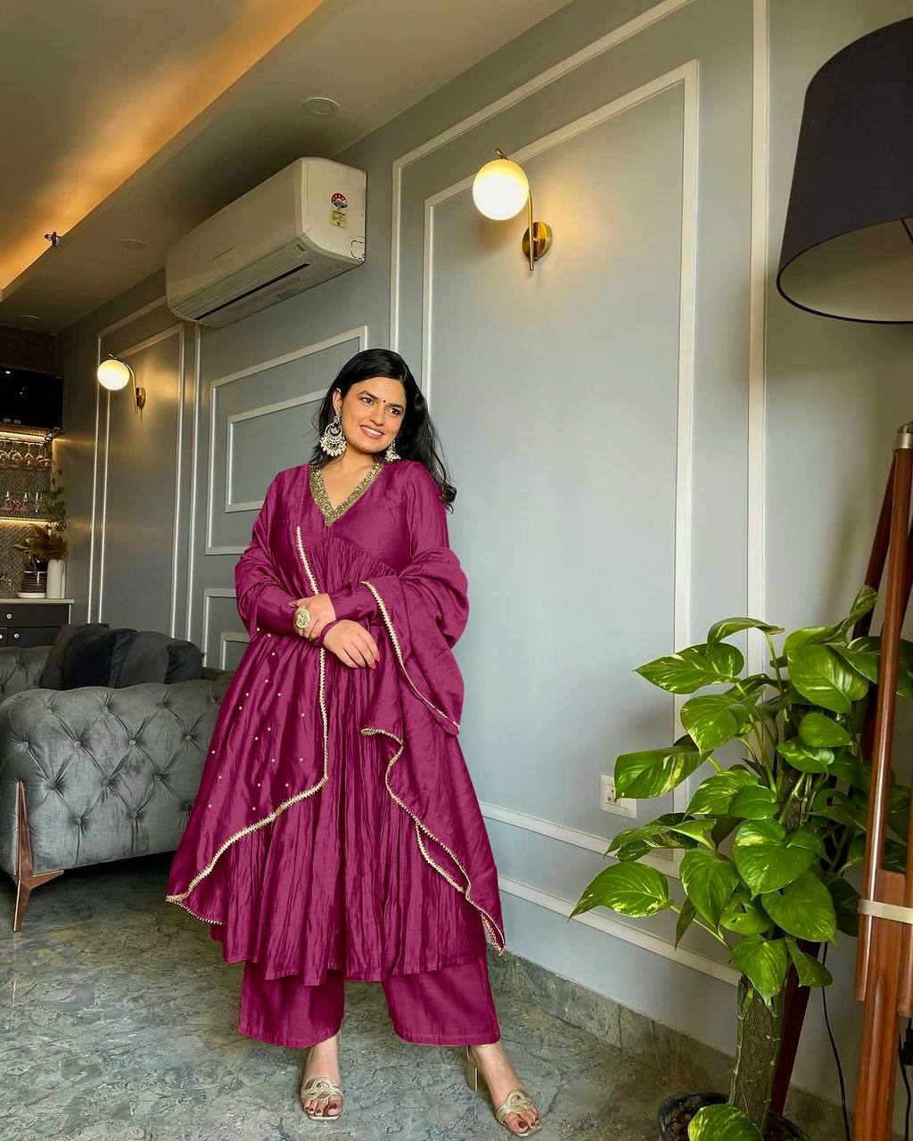 Wine Elegant Party Wear Alia Cut Anarkali Gown Set with Dupatta & Bottom