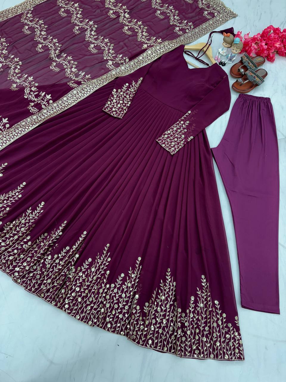 Wine Elegant Party Wear Gown Set with Dupatta & Bottom - Heavy Faux Georgette Embroidered Ensemble