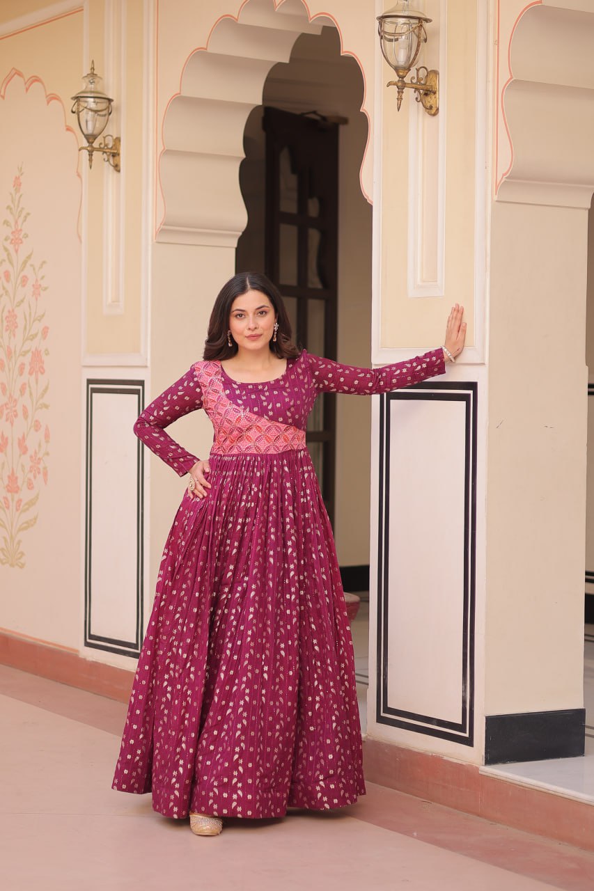 Wine Elegant Staple Jacquard Weaving Gown with Position Print Choli