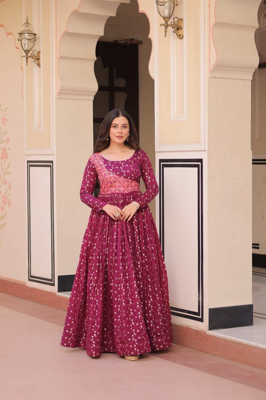 Wine Elegant Staple Jacquard Weaving Gown with Position Print Choli