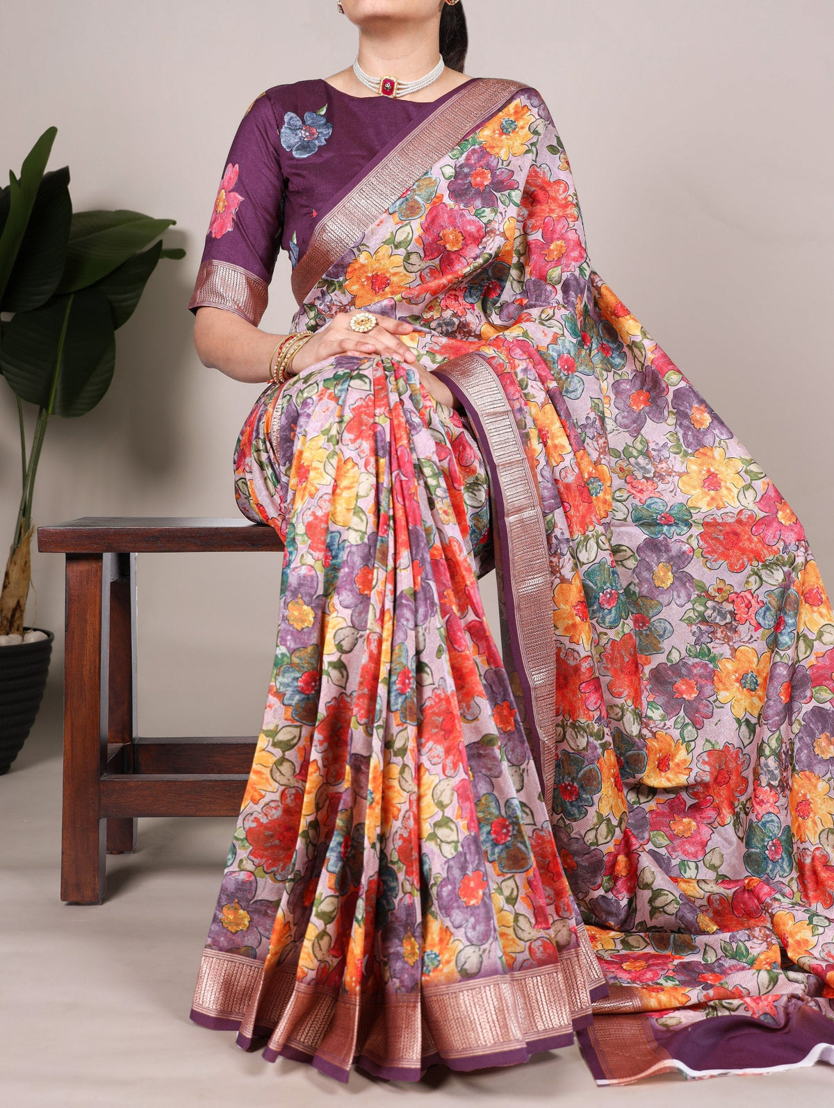 Wine Elegant Tussar Silk Floral Printed Saree with Viscose Border