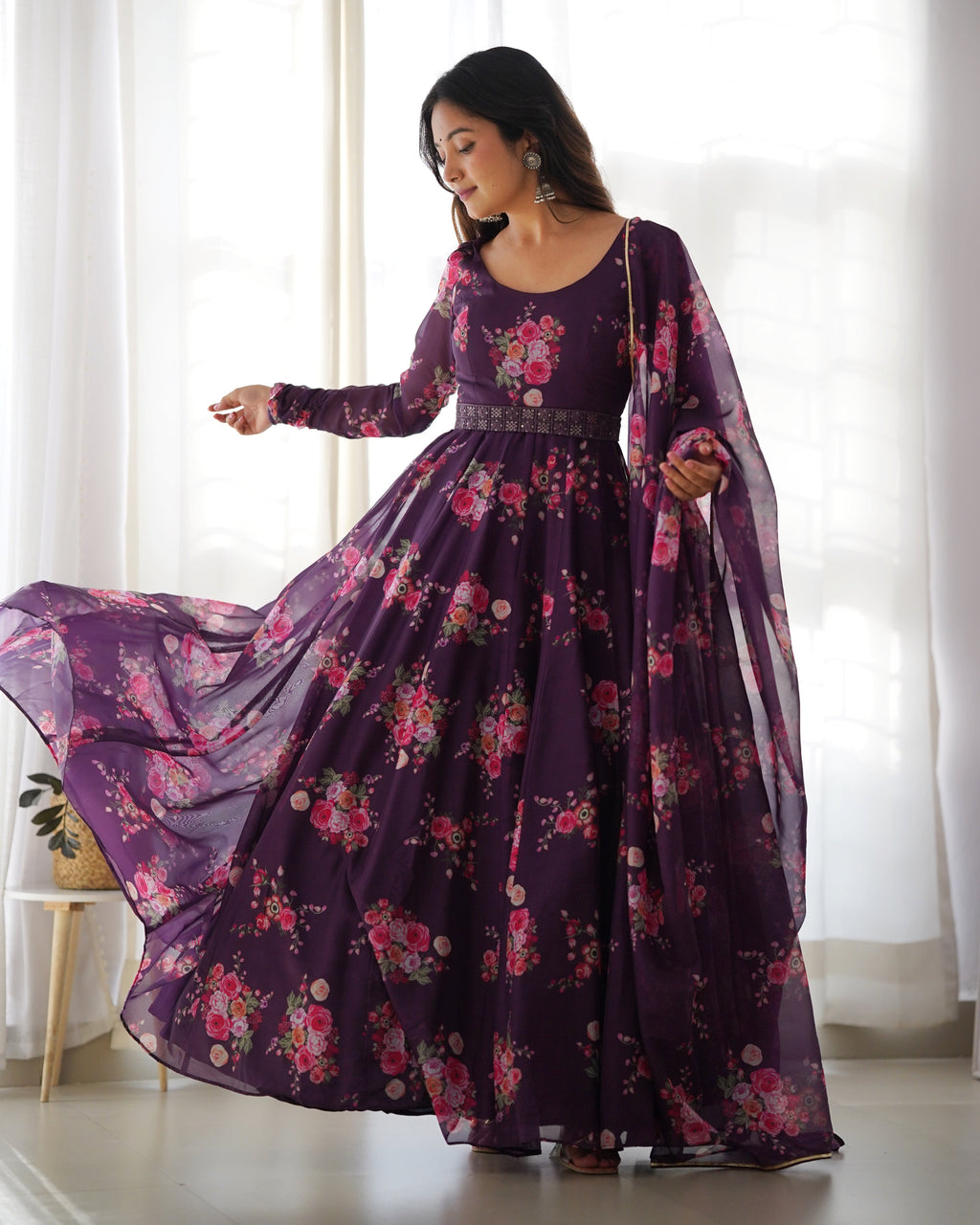 Wine Floral Organza Anarkali Gown Set – Perfect for Weddings & Festivities