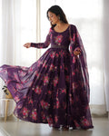 Wine Floral Organza Anarkali Gown Set – Perfect for Weddings & Festivities