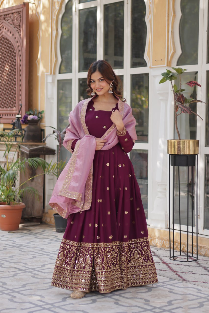 Wine Glamorous Star Georgette Embroidered Gown with Gold Crush Dupatta