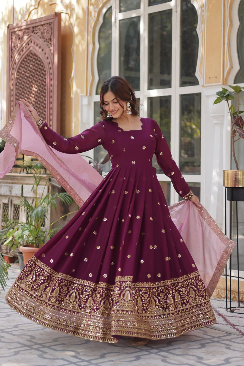 Wine Glamorous Star Georgette Embroidered Gown with Gold Crush Dupatta