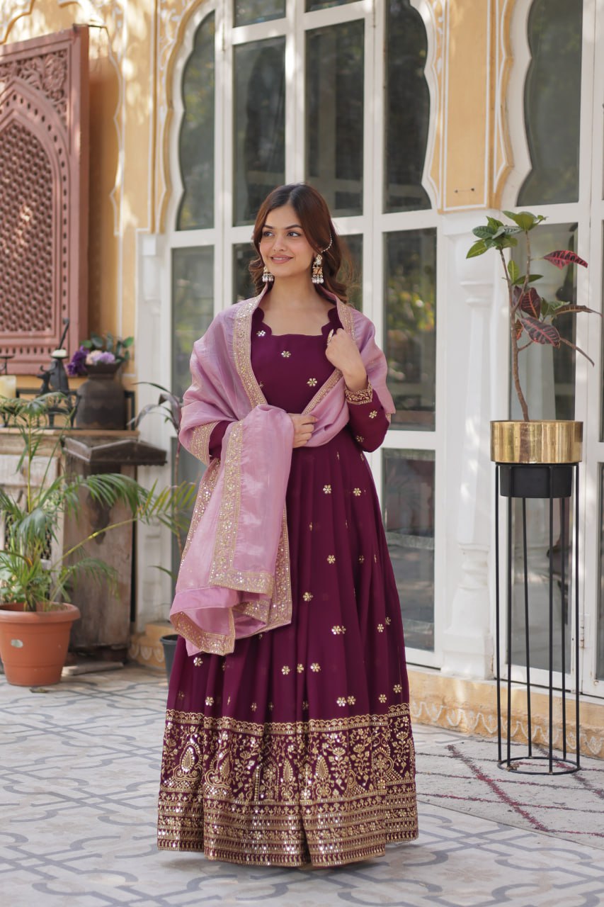 Wine Glamorous Star Georgette Embroidered Gown with Gold Crush Dupatta