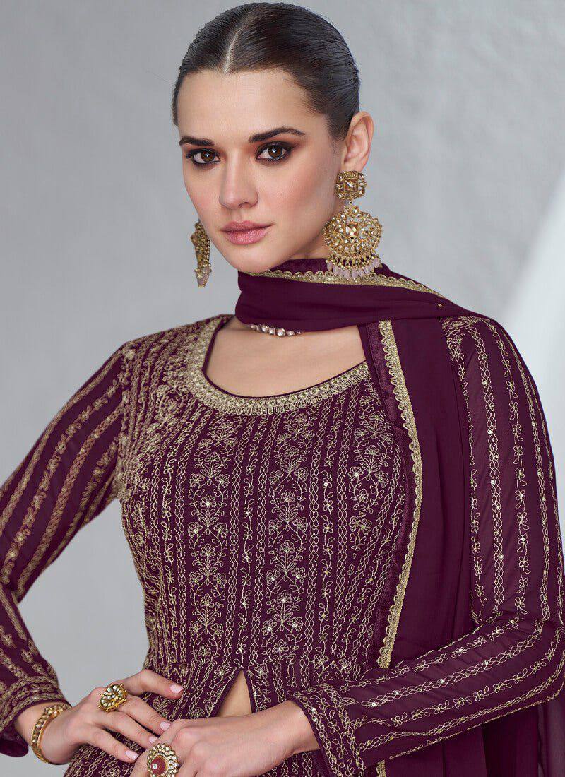 Wine Gorgeous Embroidered Faux Georgette Gown with Skirt & Dupatta