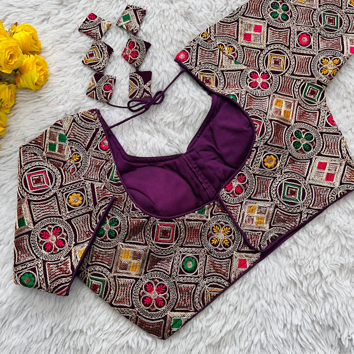 Wine Heavy Cording Work Pure Georgette Blouse with Multicolor Embellishments