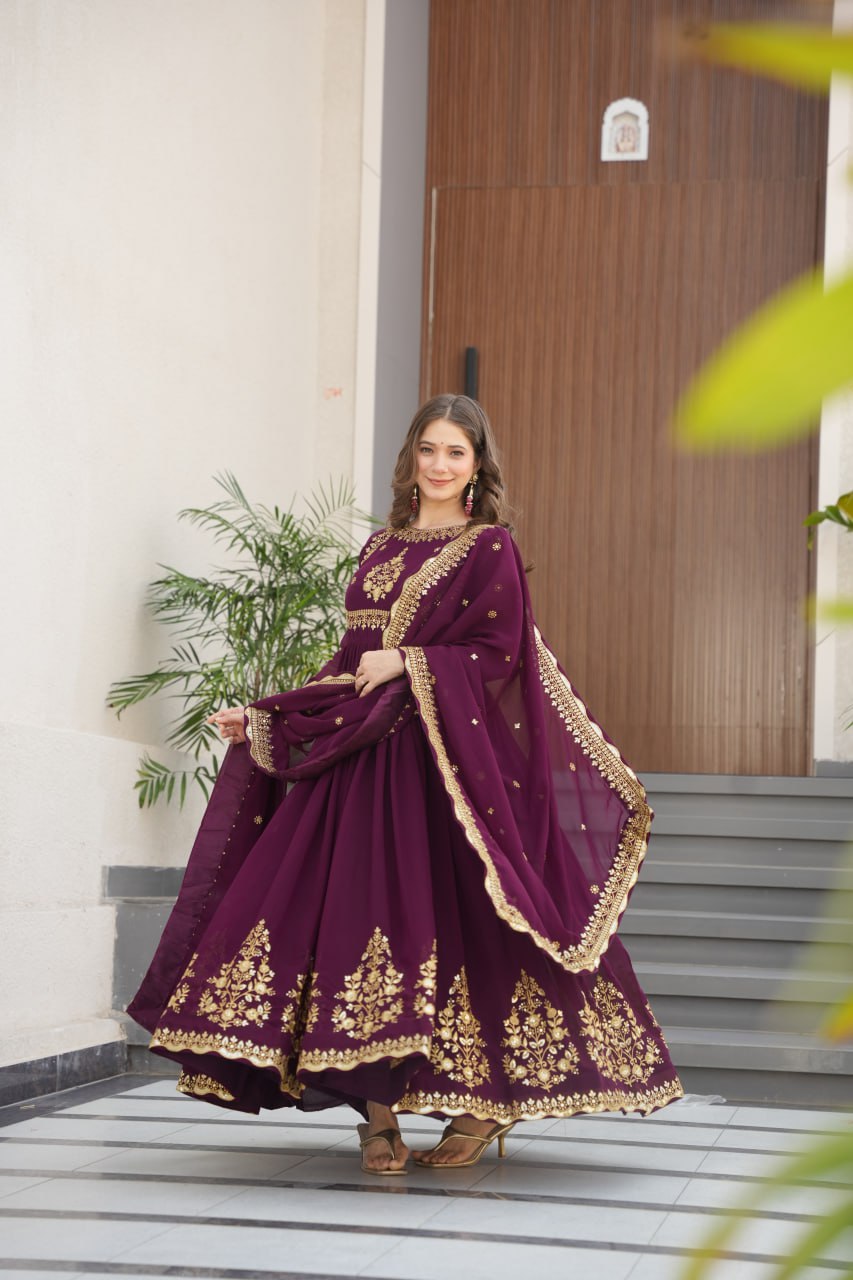 Wine Luxury Designer Faux Blooming Georgette Gown with Zari & Sequin Embroidery