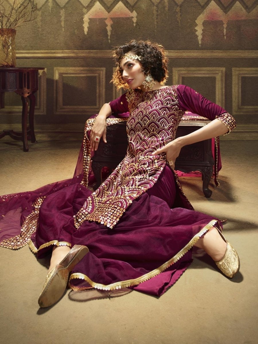 Wine Net Embroidered Partywear Sharara Suit
