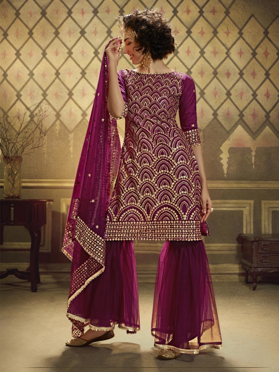 Wine Net Embroidered Partywear Sharara Suit