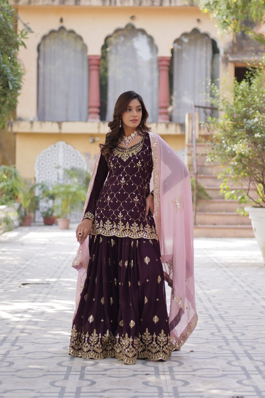 Wine Premium Designer Kurti-Plazzo-Dupatta Set with Sequins Embroidery - Ready to Wear
