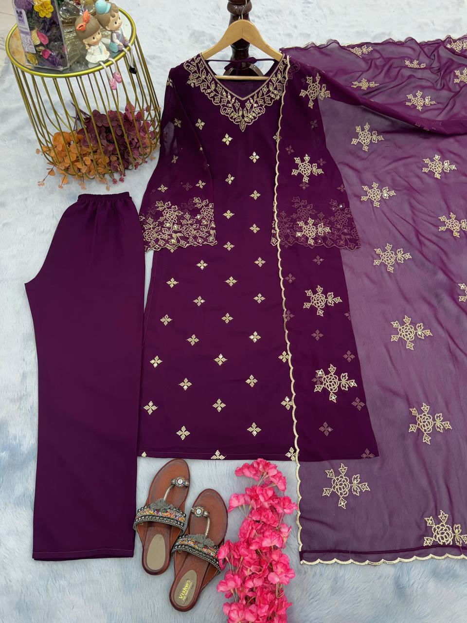 Wine Premium Designer Party Wear Faux Georgette Top, Bottom & Dupatta Set