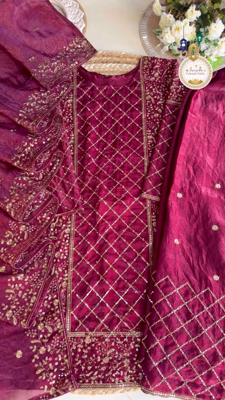 Wine Premium Designer Party Wear Ready-Made Top, Plazzo & Dupatta Set