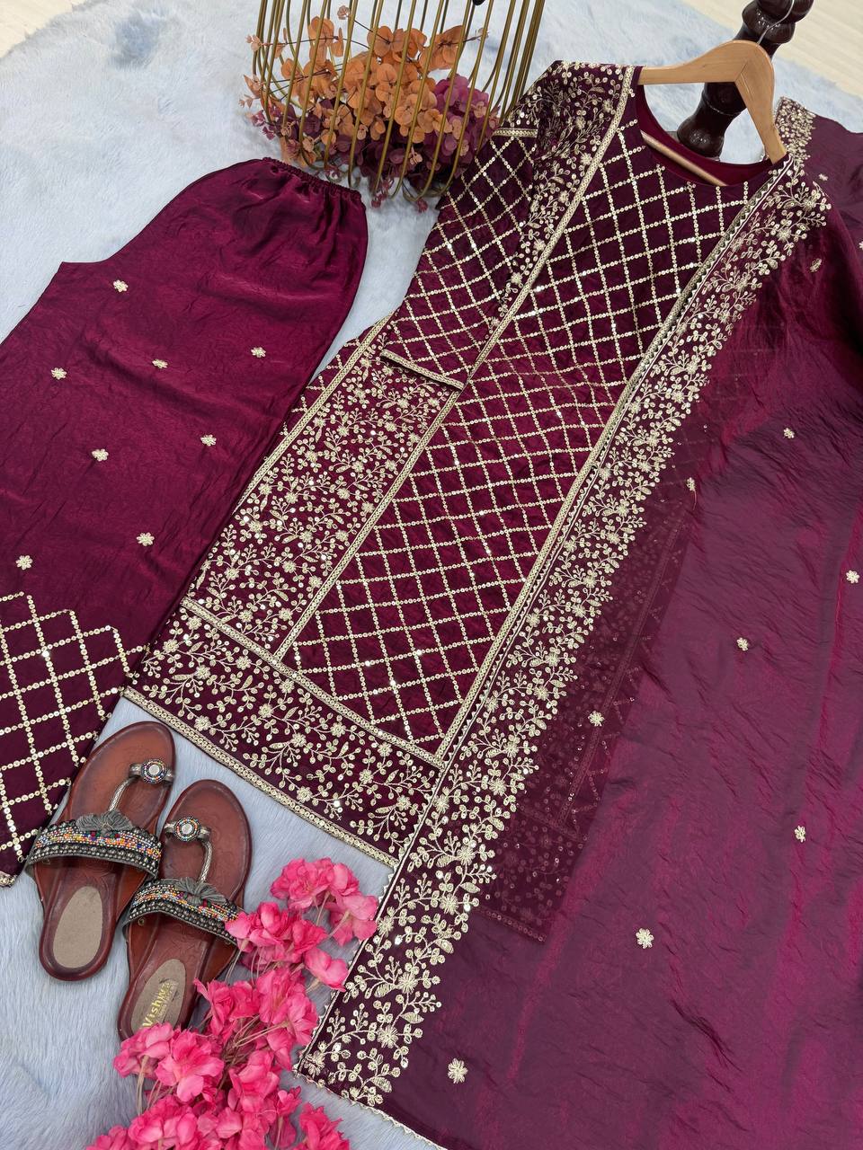 Wine Premium Designer Party Wear Ready-Made Top, Plazzo & Dupatta Set
