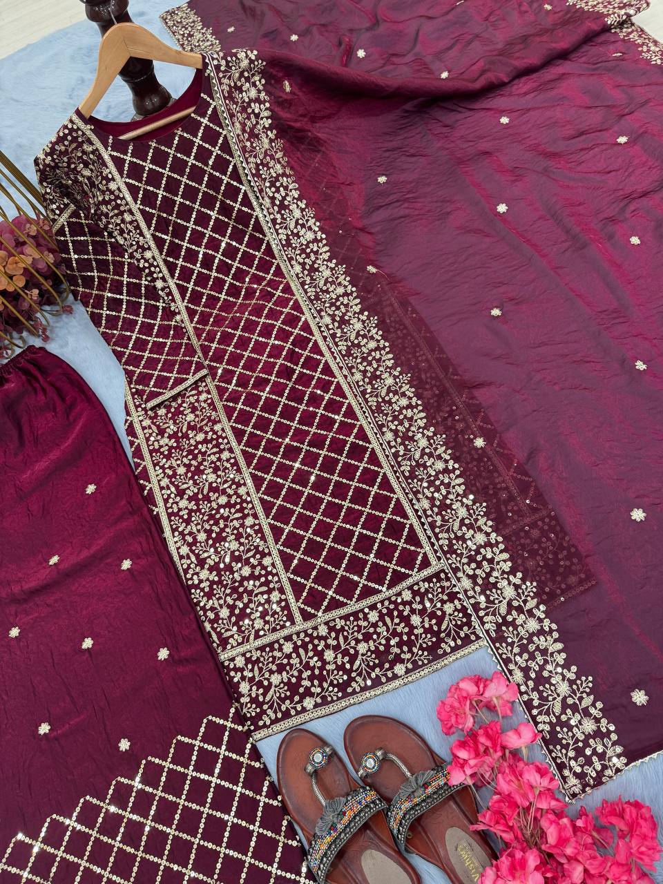 Wine Premium Designer Party Wear Ready-Made Top, Plazzo & Dupatta Set