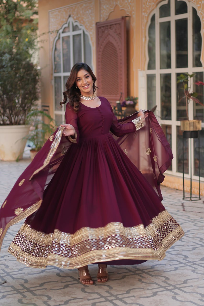 Wine Premium Designer Readymade Gown with Dupatta Collection Embroidered Elegance