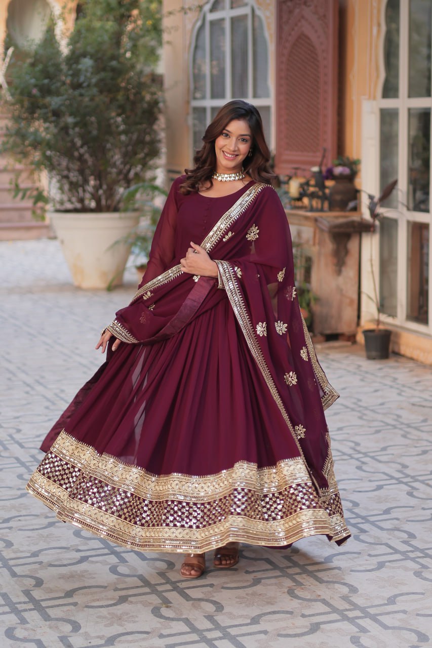 Wine Premium Designer Readymade Gown with Dupatta Collection Embroidered Elegance