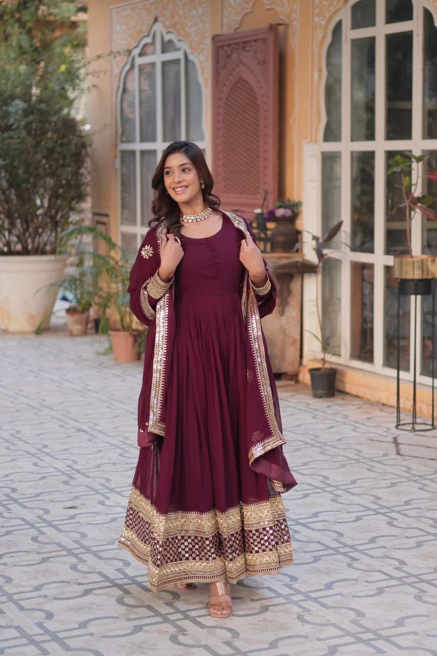 Wine Premium Designer Readymade Gown with Dupatta Collection Embroidered Elegance